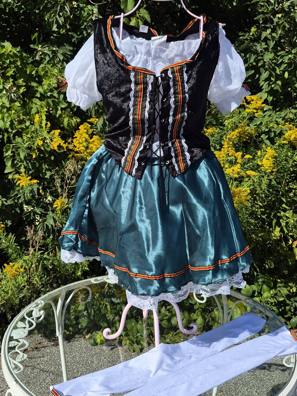 Womens Teal and Black Bavarian-Style Costume Dress with White Blouse